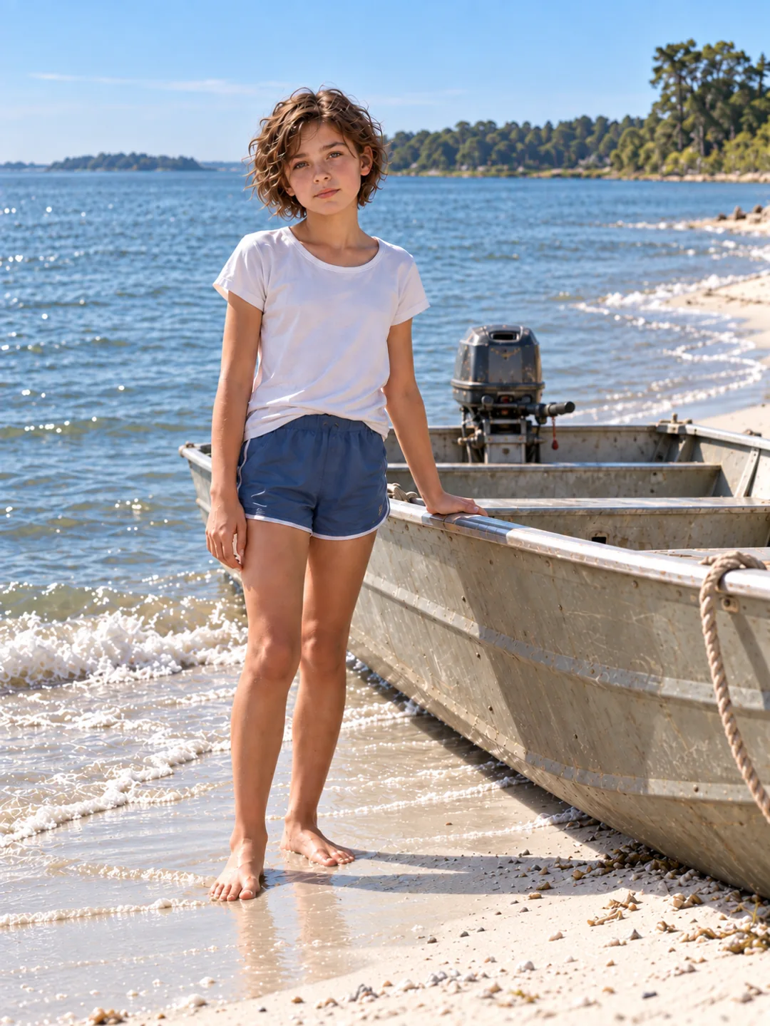 Young Victor beside an aluminum boat on a Tidewater beach.