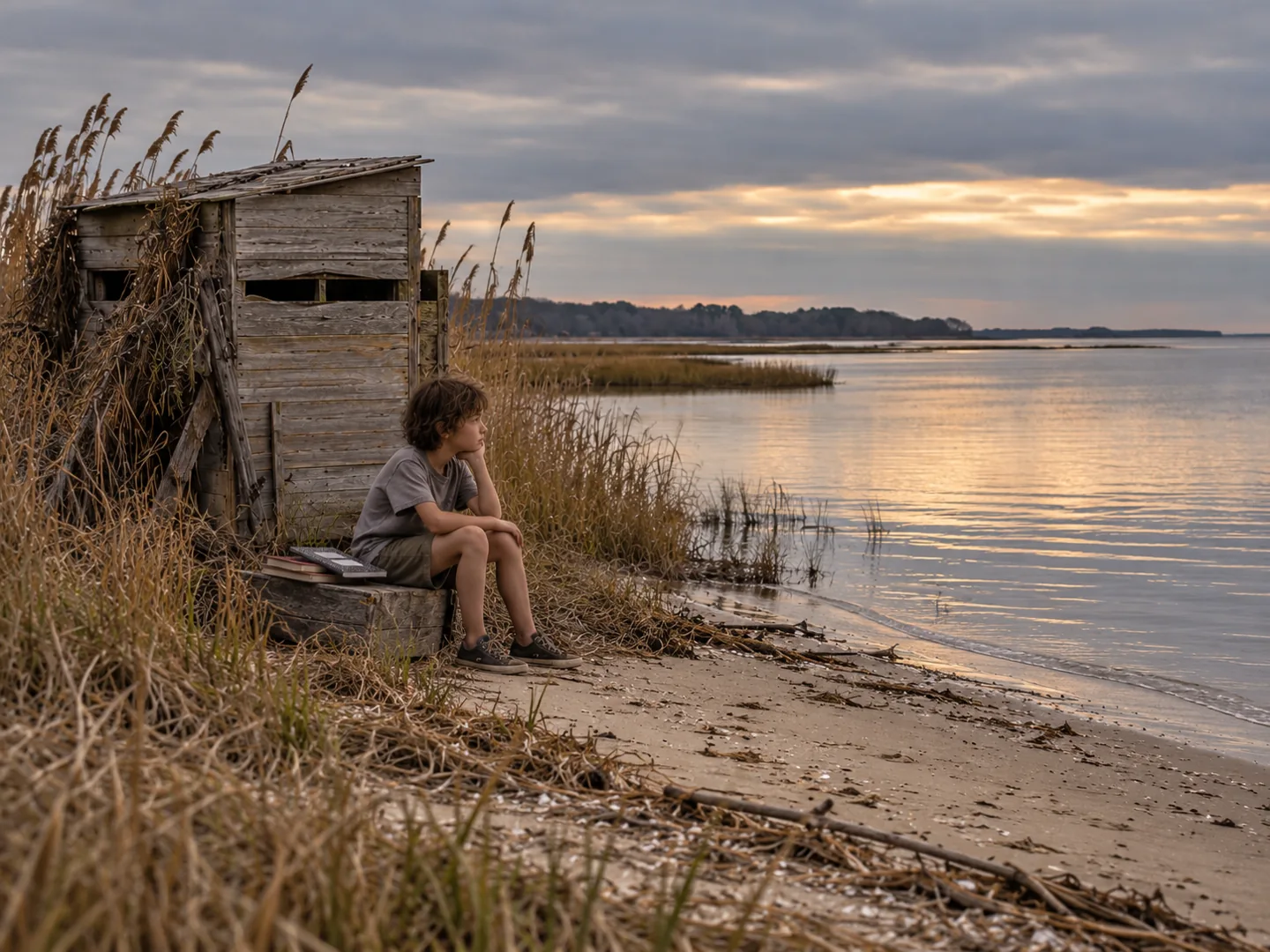 Young Victor beside a weathered duck blind at My Island.