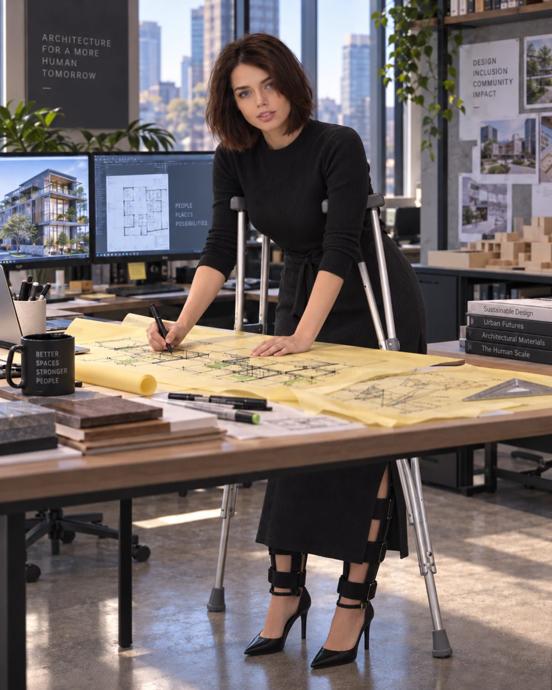 Gloria Tejeda working at an architectural drawing table using underarm crutches and leg braces