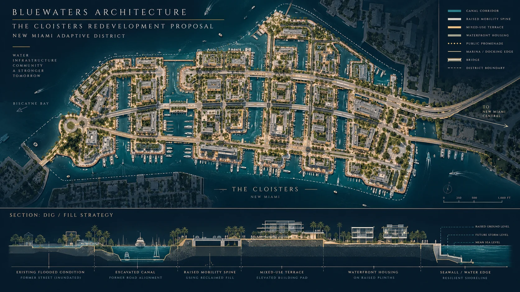 Architectural concept plan for the New Miami waterfront and elevated redevelopment