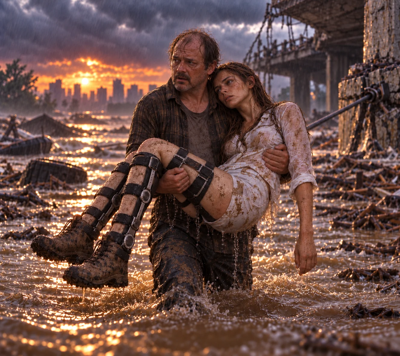A rescuer carrying Gloria through floodwater in storm-damaged New Miami
