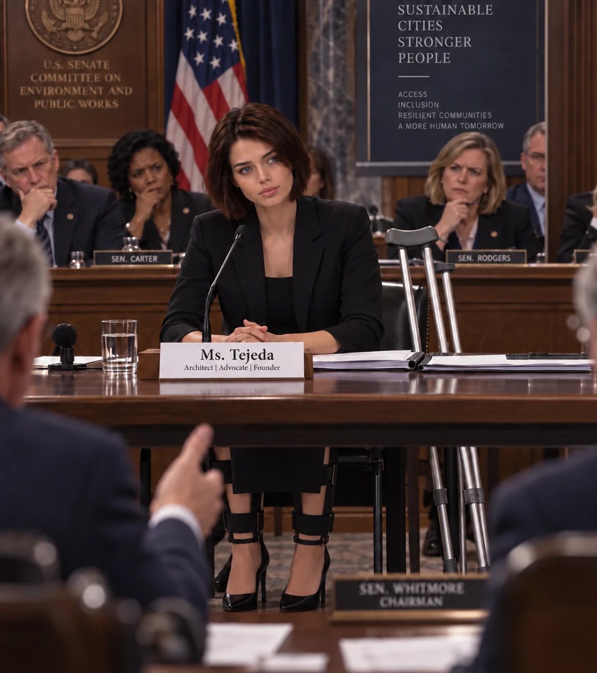 Gloria Tejeda testifying before a Senate committee, her nameplate reading Ms. Tejeda, with underarm crutches and full-length leg braces visible