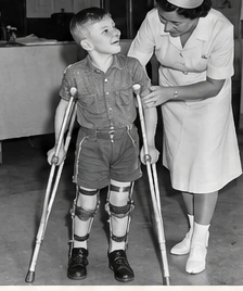 Illustration of a child using leg braces and crutches with a nurse