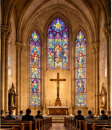 A contemplative church interior with stained glass