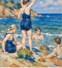 Historical-style illustration of people at the seaside