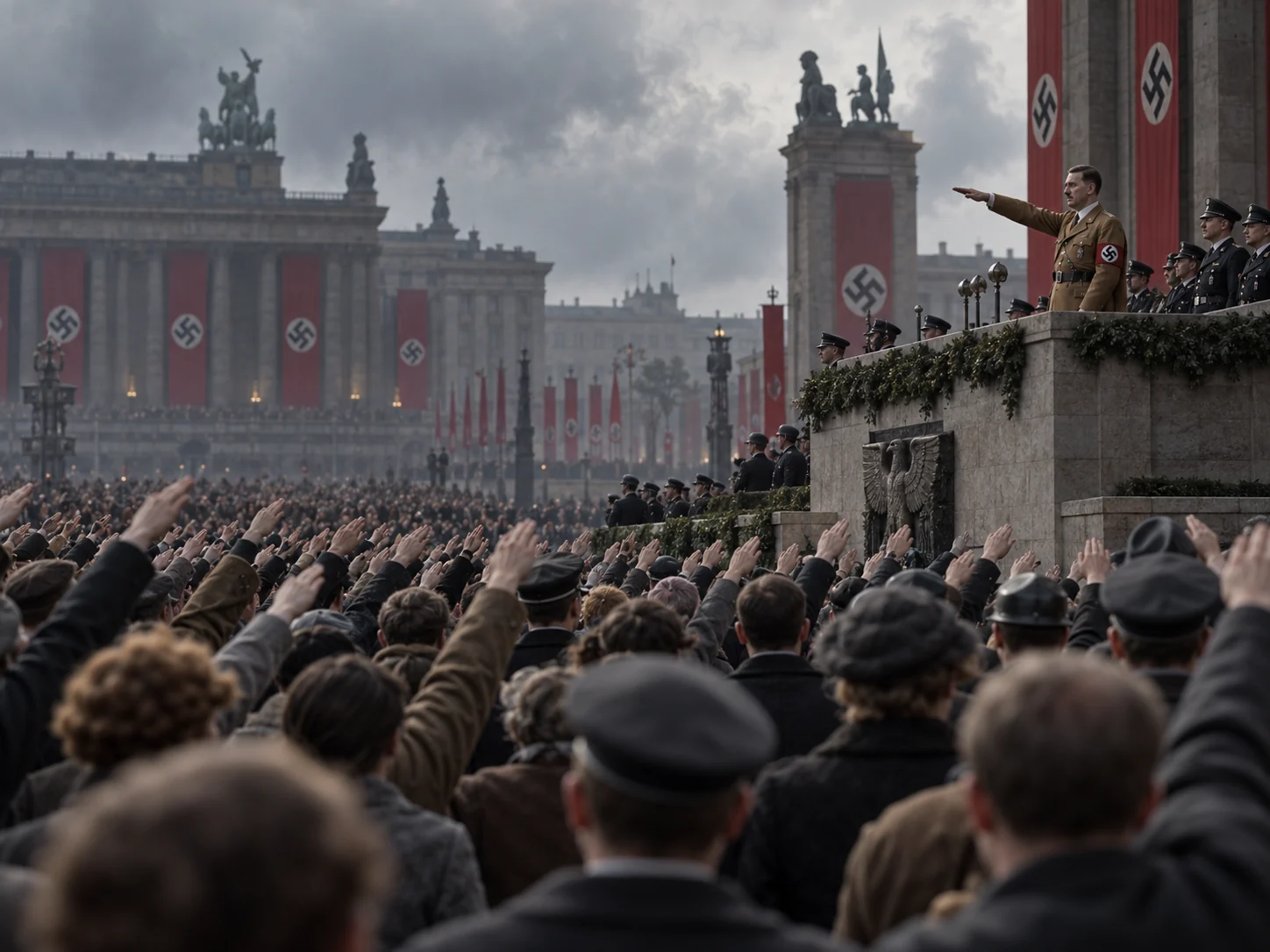 Historical illustration of a Nazi rally showing the crowd saluting Adolf Hitler