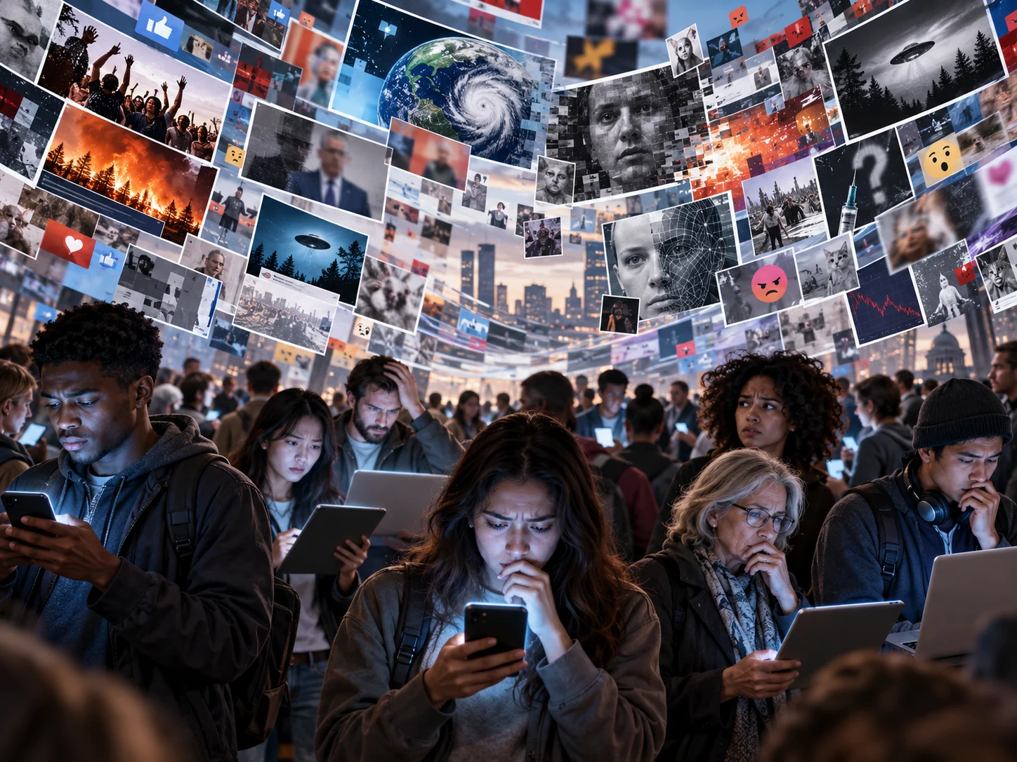 Contemporary illustration of people surrounded by conflicting digital media images