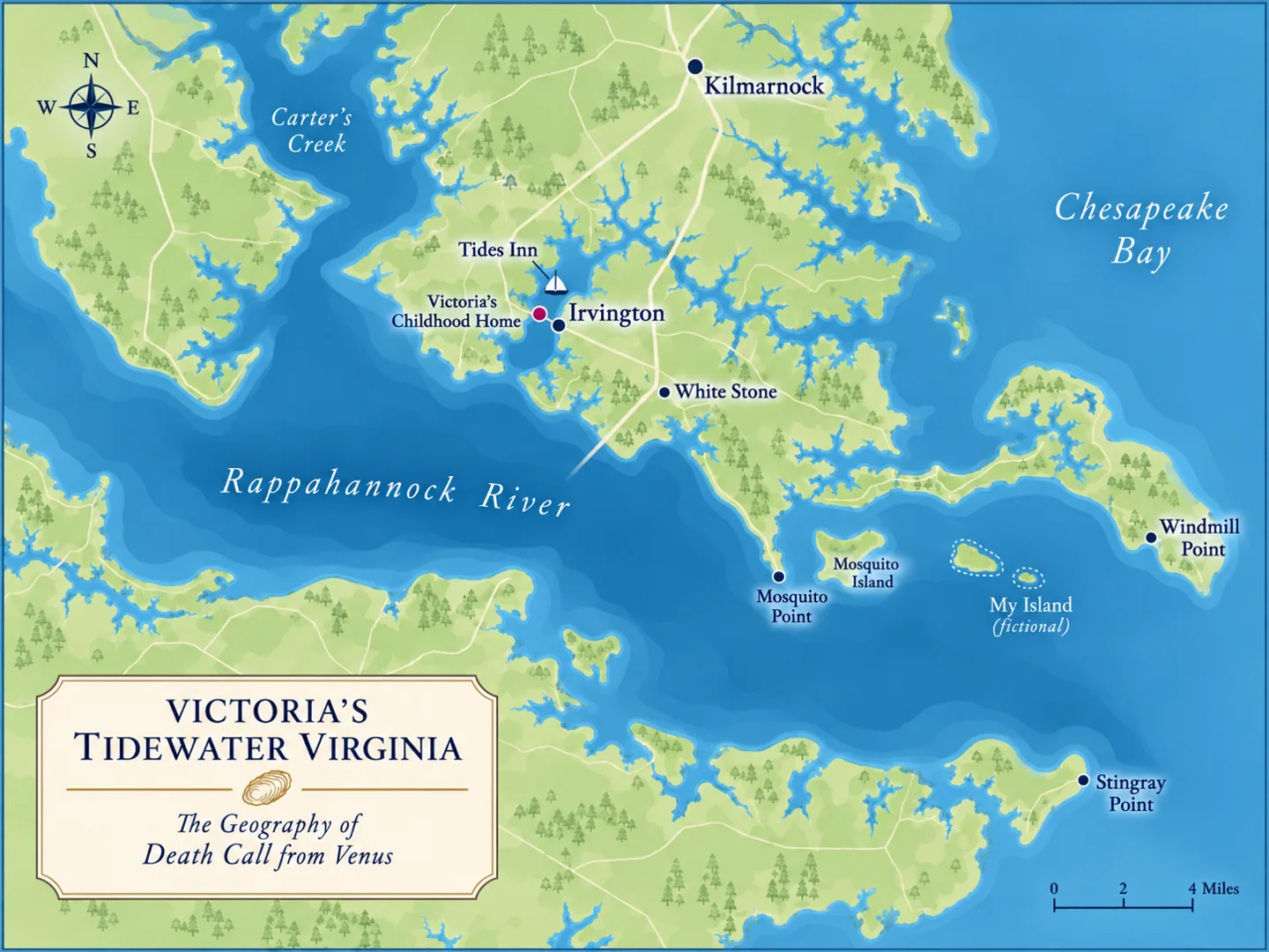 Illustrated map of Victoria's Tidewater Virginia, including My Island as a fictional location