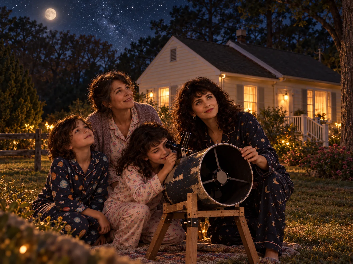 Fictional family gathering around a homemade telescope at night